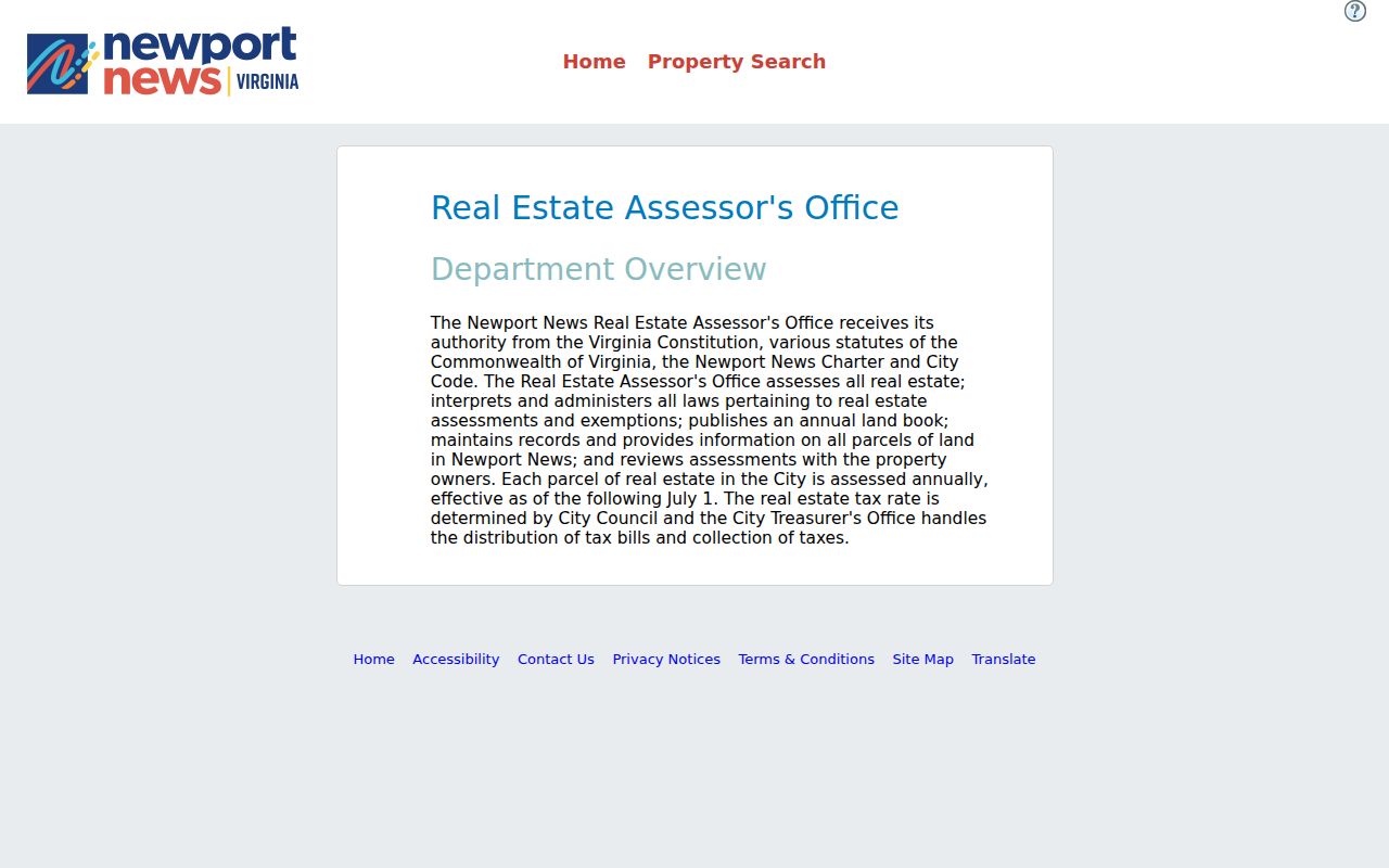 Newport News Property Assessment Search entry page with address, parcel, and owner search options