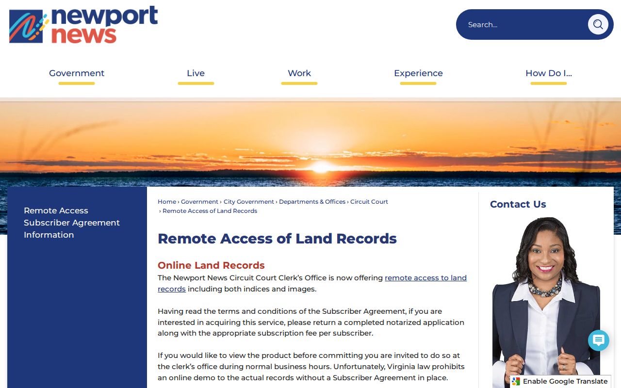 Newport News Circuit Court Clerk remote access page for land-record indexes