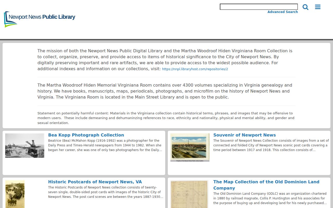 Newport News city directory research through the Digital Collections landing page
