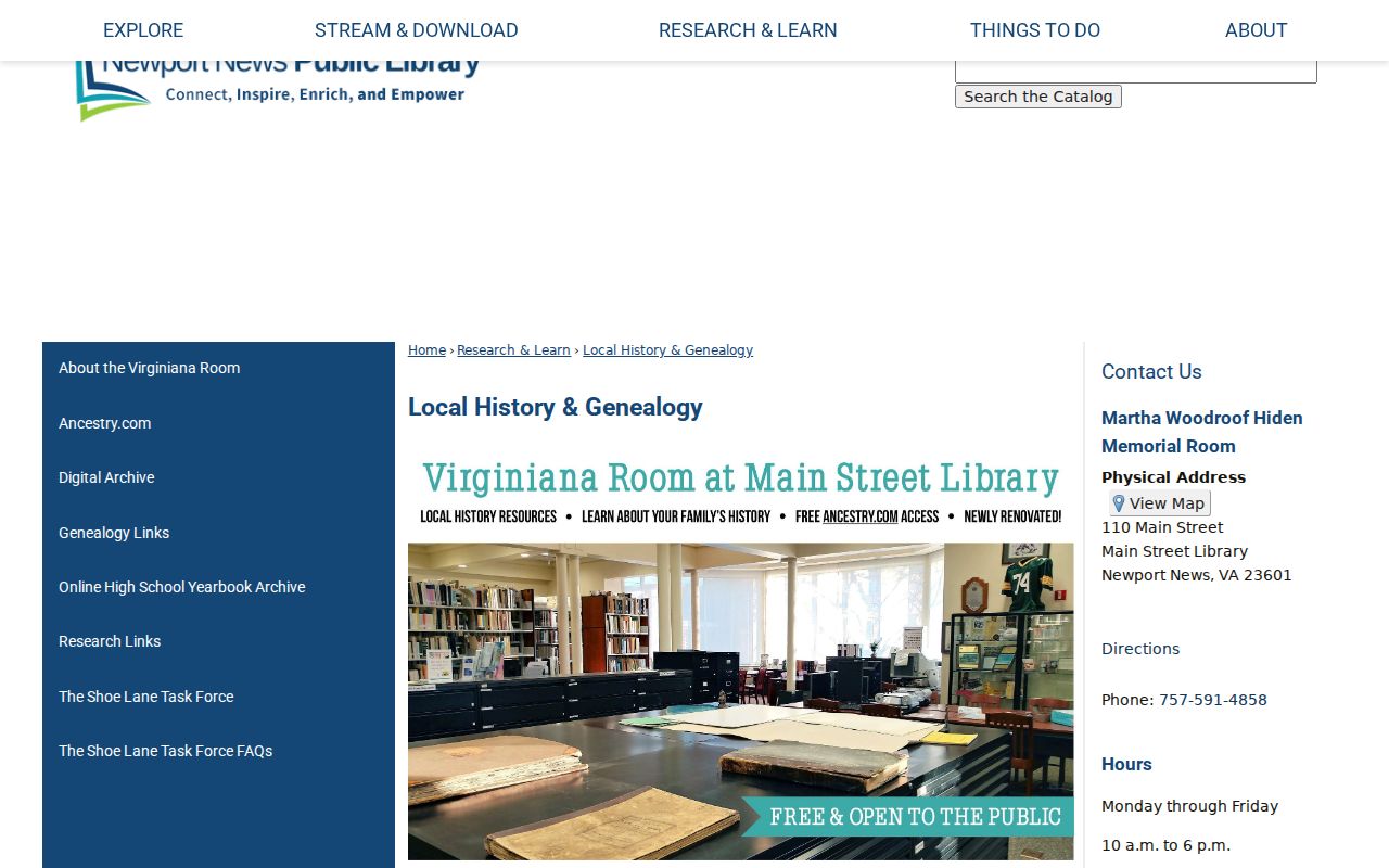 Newport News Public Library local-history and genealogy research page