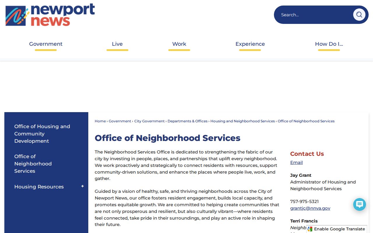 Newport News neighbor civic route through the Neighborhood Services page