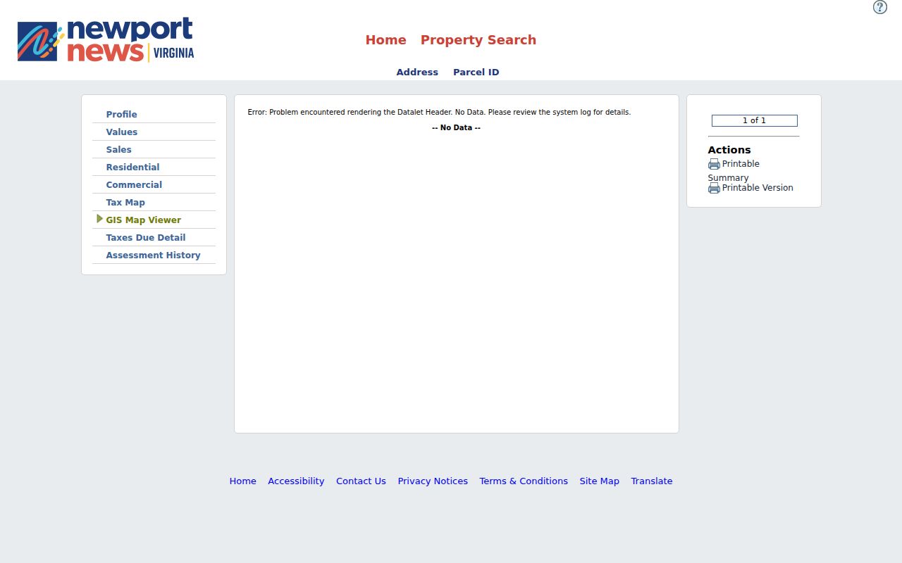 Newport News previous residents research using an assessor parcel card with property, tax map, GIS, and assessment tabs