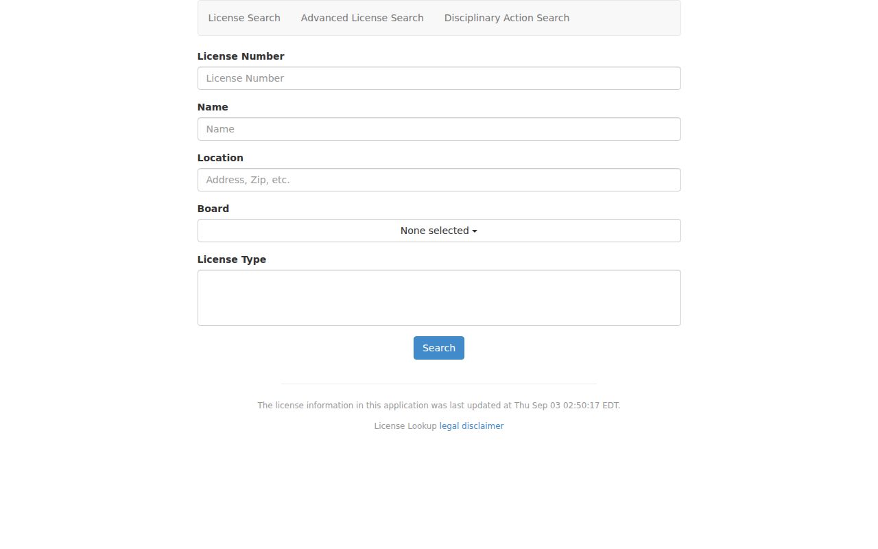 Virginia DPOR advanced license search controls relevant to Newport News records research