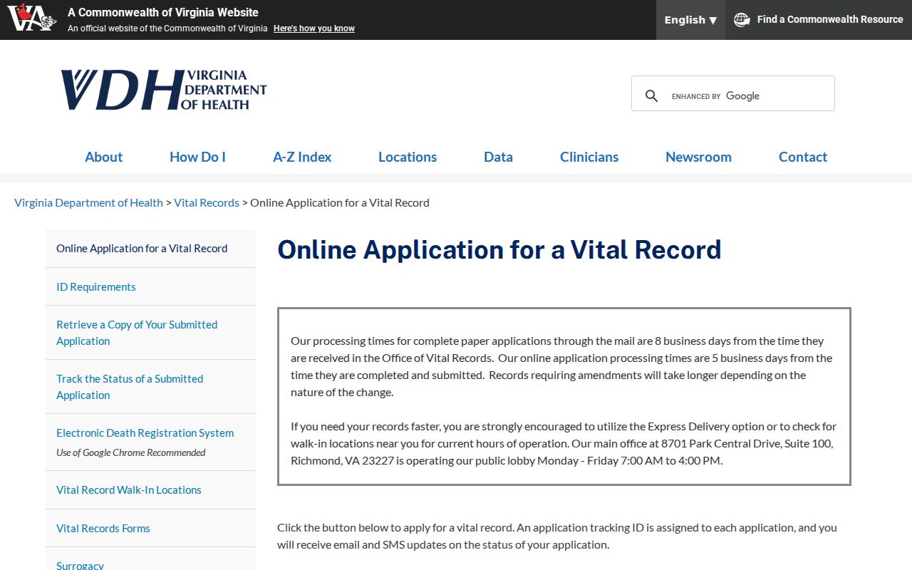 Virginia Department of Health vital-record application page for Newport News research