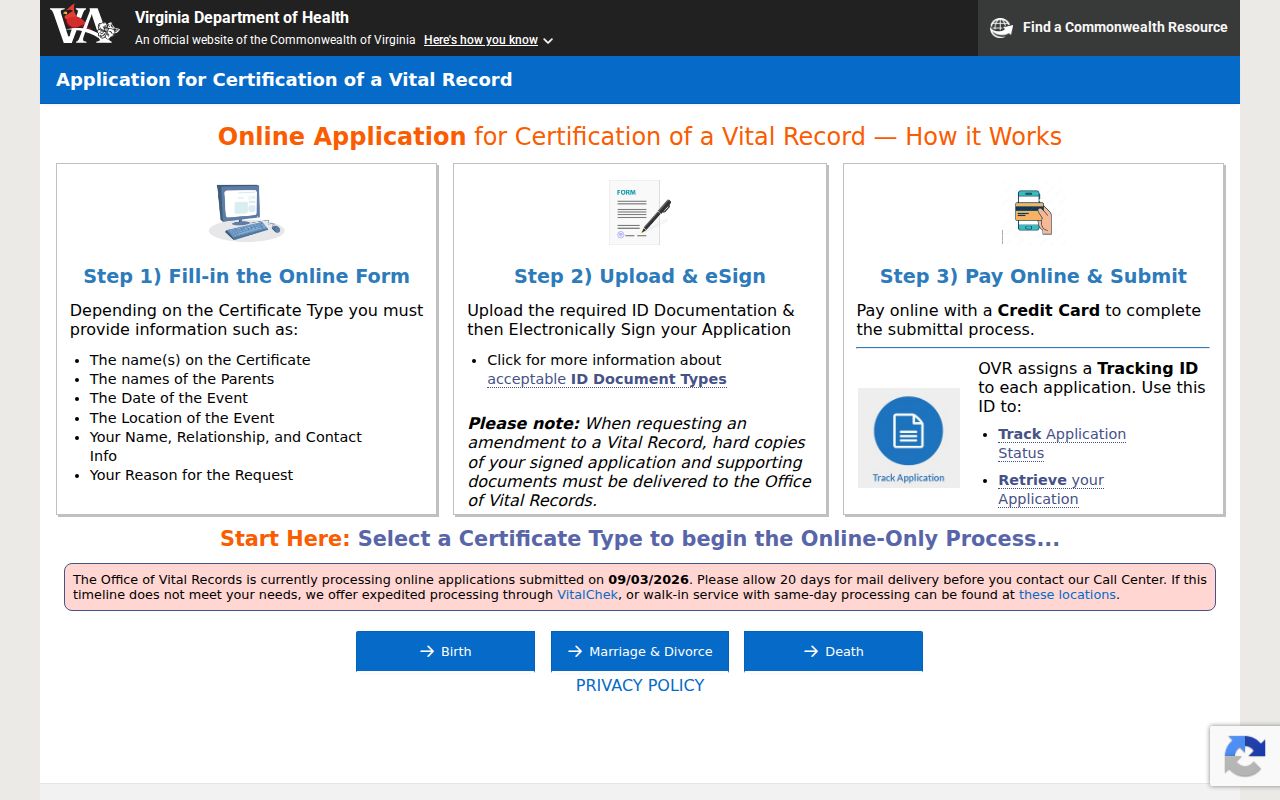 Newport News resident record access to the Virginia online vital-record interface