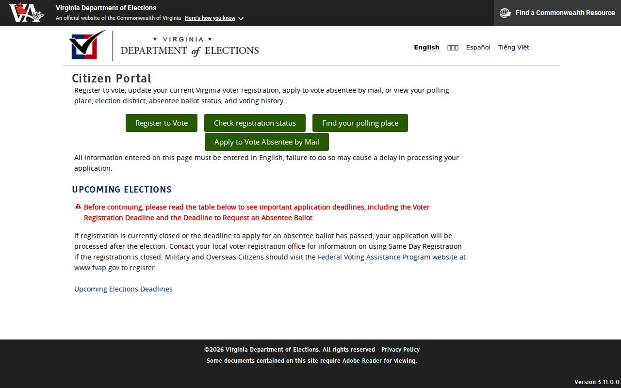 Virginia Citizen Portal for Newport News voter registration and polling-place information